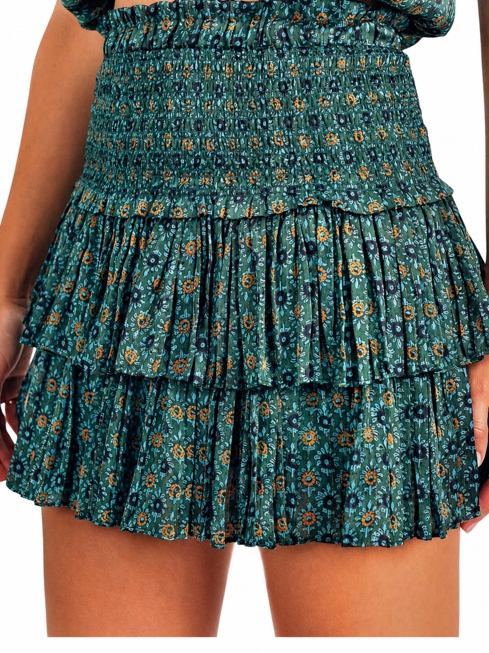 Reset by Jane Smocked Ruffle Tiered Mini Skirt In Green Size L
